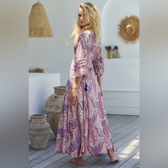 Free People l 12 Mirage Paisley Tassels Plunge V-Neck Boho Full Skirt Maxi Dress - Picture 6 of 11